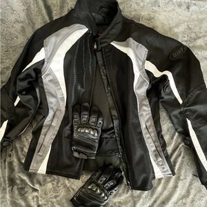 Women’s Black and Silver Motorcycle Jacket size Small with free Gloves small